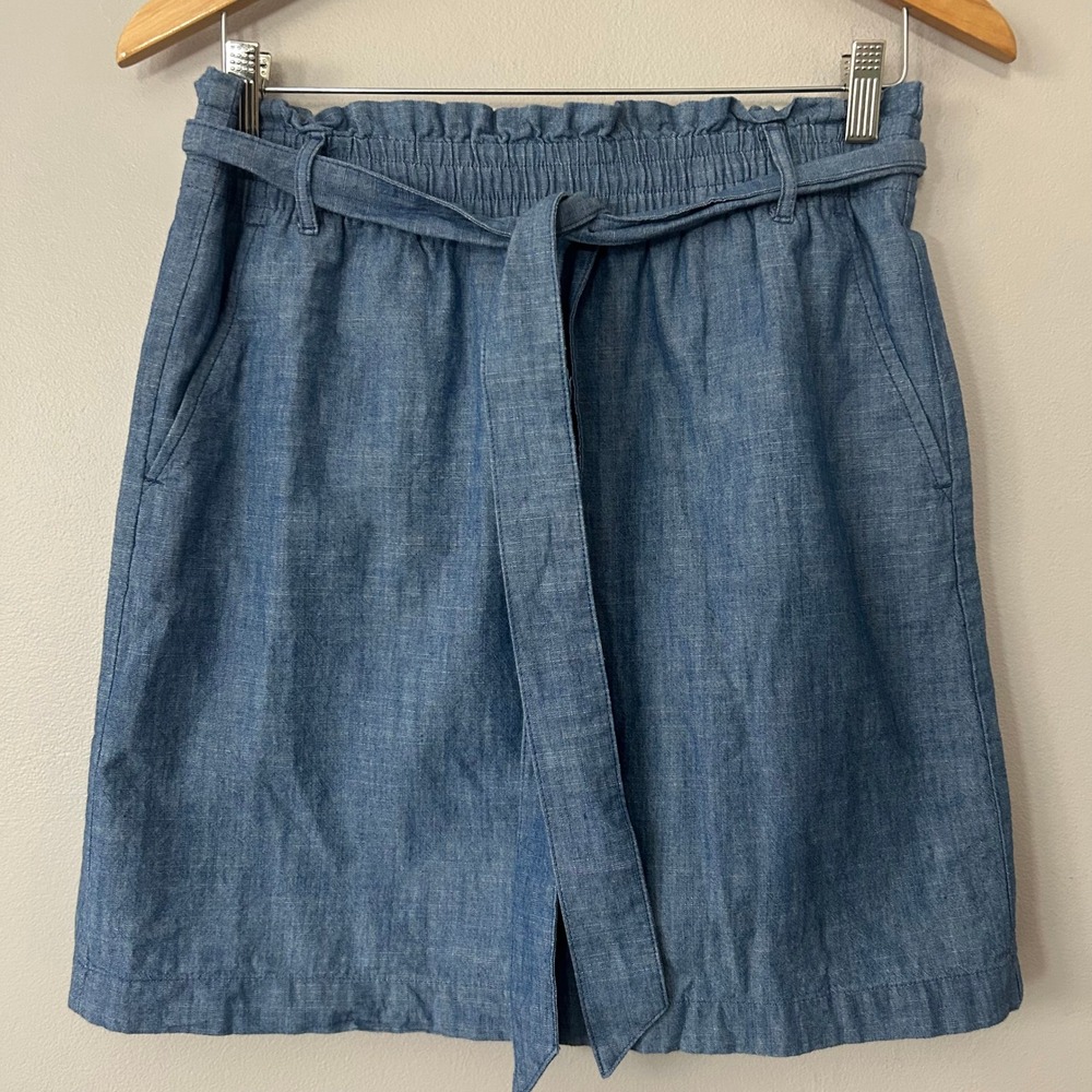 J.Crew Mini Skirt Women Medium Blue Chambray Paperbag Waist Tie Belt Cotton